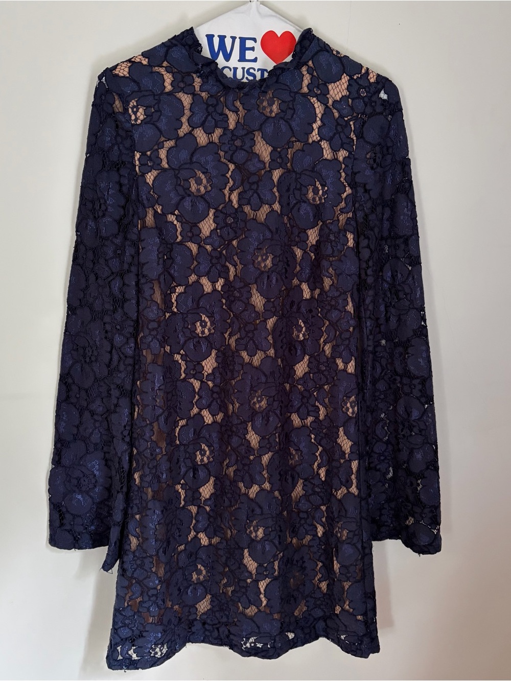 Wayf Navy Floral Lace Long Sleeve Shift with Nude Lining